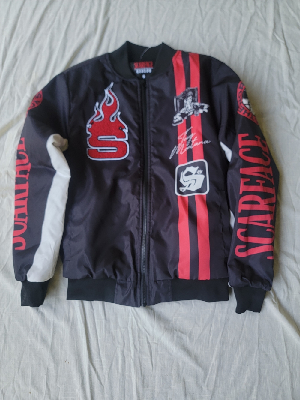 Reason SCARFACE Black Red Nostalgic Bomber Racer Stripe Bomber Jacket Nwt S